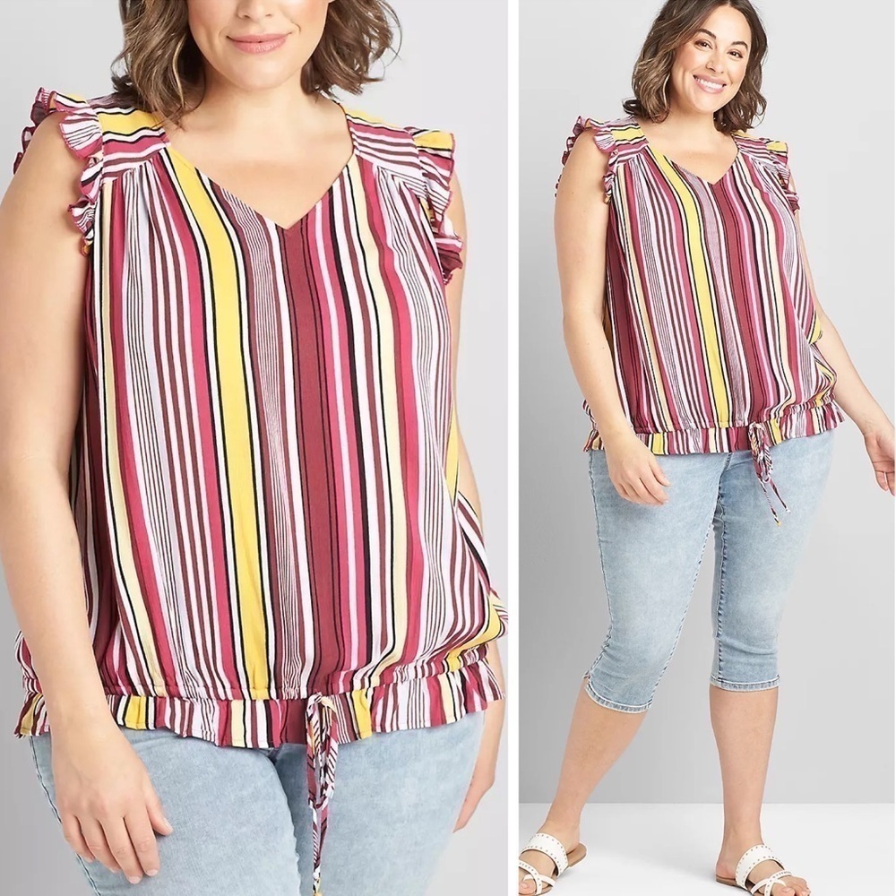 Lane Bryant 26/28 Boho Striped Sleeveless Tie-Hem Ruffle Top